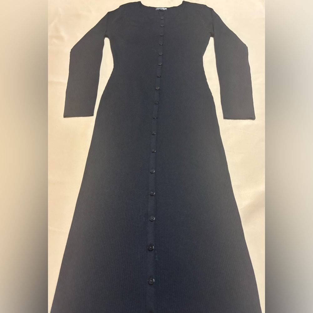 NEW Fashion Nova Women Small Ribbed Maxi Dress Long Sleeve Black Button Up Slit - Picture 12 of 13